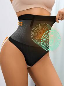 Women's High Waist Thong - Tummy Control - Solid Color, Suitable For Daily Wear, Seamless Fabric, Smooth Texture - Black - View 2