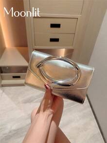 1件歐美時尚金屬裝飾迷你方盒手拿包，高端亮面金屬條女款手提包，優雅奢華晚宴包，適合正式禮服，PU皮革派對包/浪漫婚禮手拿包/舞會包/雞尾酒會包/校園舞會包，附金屬鏈條 - 銀色 - 查看 2