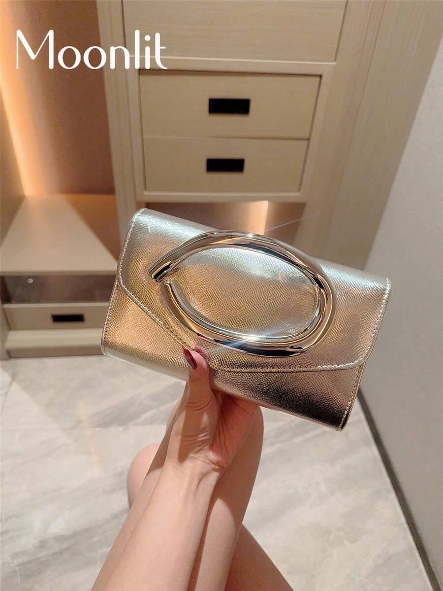 1件歐美時尚金屬裝飾迷你方盒手拿包，高端亮面金屬條女款手提包，優雅奢華晚宴包，適合正式禮服，PU皮革派對包/浪漫婚禮手拿包/舞會包/雞尾酒會包/校園舞會包，附金屬鏈條