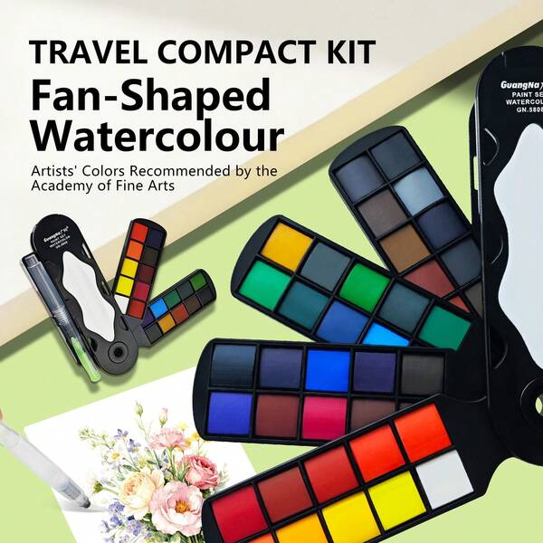 GuangNa 20/30/40 Colors Solid Watercolor Paint Set, Foldable Travel Watercolor Paints, With Watercolor Brush, Special Fan-Shaped Painting Tool