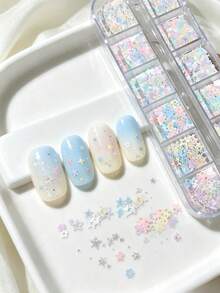 12格盒裝馬卡龍星花美甲亮粉，糖果色混色亮片，手工DIY可穿戴美甲裝飾配件 - 彩色 - 查看 4