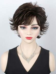 8 Inch Short Dark Brown Mixed With Light Brown Layered Inverted Wig Straight Synthetic Heat Resistant Wigs With Bangs Wigs For Women Used Daily - Multicolor - View 2