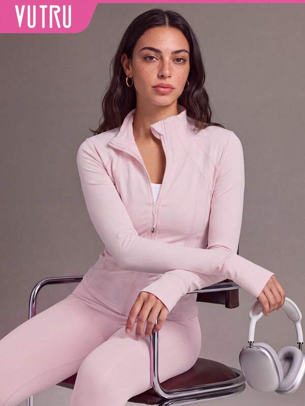 VUTRU 1 pieza Chaqueta deportiva de ajuste ceñido para mujer con orificios para los pulgares, cremallera, cuello alto pequeño, para correr y fitness
