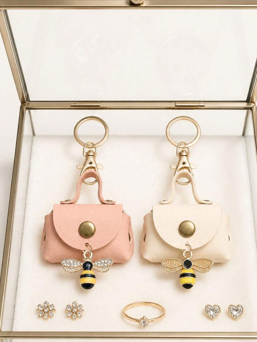 Mini Handbag Keychain Features A Bee Charm Accessories Series, Coin Wallet,Portable Small Bag Pendant,For Change,Earphone,Coins,Lipstick,Travel Essential - Multicolor - View 1