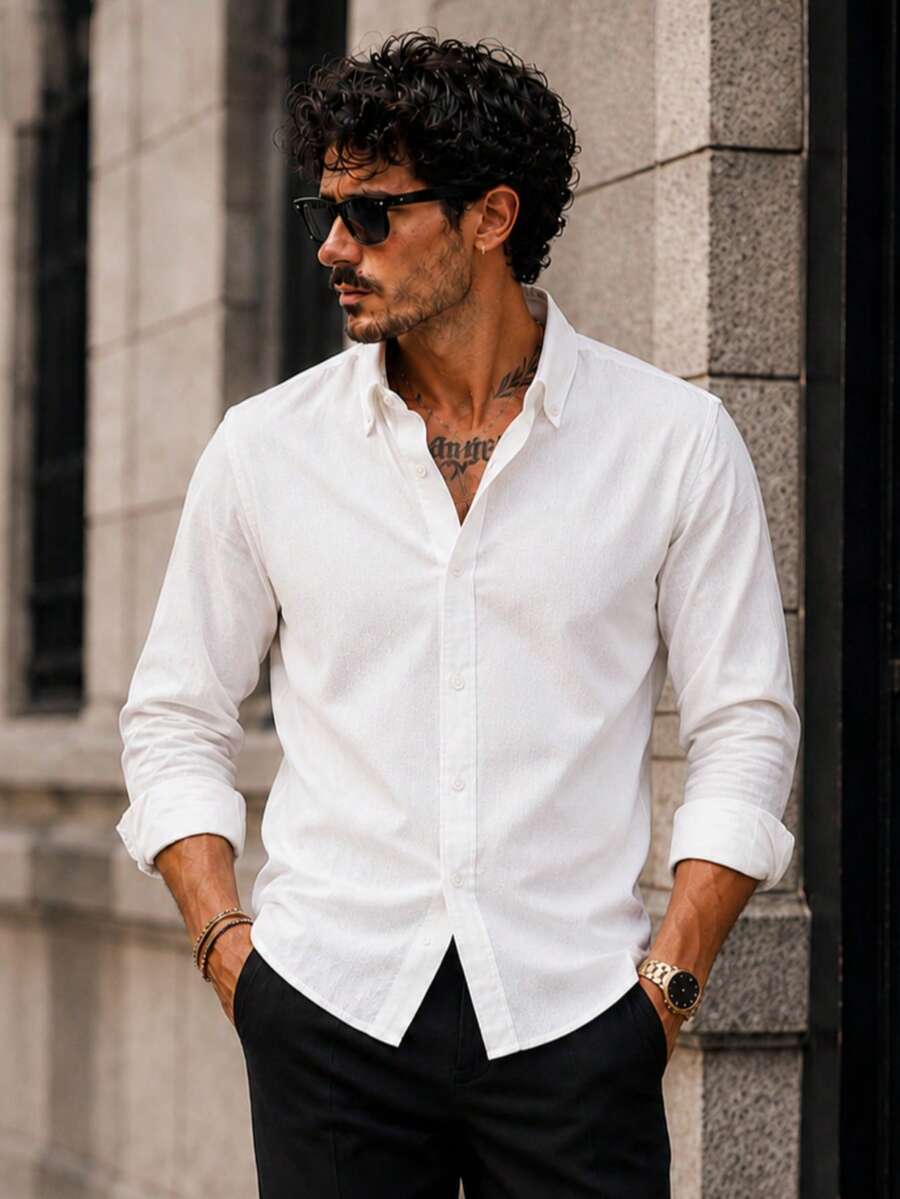 Linen, Breathable & Lightweight, Button Collar Design, Men's Linen Shirt - White - View 1