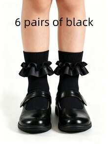 6/1 Pair Girls Ribbon Lace Ruffle Mid-Calf Socks, Soft Comfortable Princess Style, Suitable For School Uniform Daily Wear, Navy Blue White Black, Autumn/Winter - Multicolor - View 11