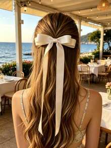 1pc White Satin Bow Hair Clip, Women's Long Ribbon Bow Hair Clip, Suitable For Daily Wear, Wedding Party Vintage Hair Accessory - White - View 3