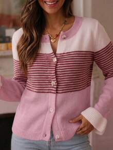 Plus Size Women's Colorblock Striped Knit Cardigan, Slimming Front Button Soft Casual Long Sleeve Jacket, Autumn/Winter - Multicolor - View 4