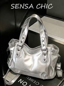 Minimalist Solid Color All-Match Design, Metal Rivet Reinforced Shoulder Strap, Comes With Adjustable Extendable Crossbody Strap. Soft And Relaxed Body, Versatile Style, Can Be Freely Matched With Various Charms, Suitable For Multiple Outfits - Silver - View 8
