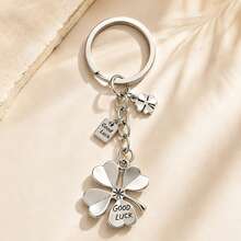 1pc/2pcs Unisex Alloy Minimalist English Letter Lucky Four-Leaf Clover Pendant Double-Sided Letter Charm Small Four-Leaf Clover Accessory Simple Versatile Bag Charm - Silver - View 1