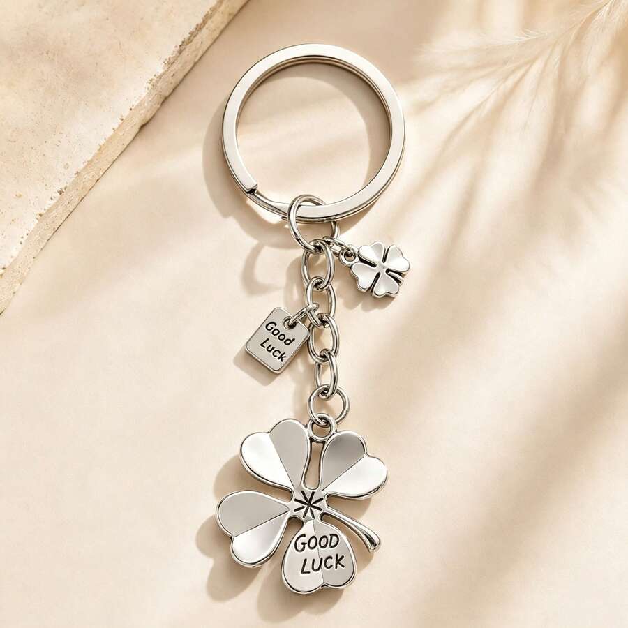 1pc/2pcs Unisex Alloy Minimalist English Letter Lucky Four-Leaf Clover Pendant Double-Sided Letter Charm Small Four-Leaf Clover Accessory Simple Versatile Bag Charm - Silver - View 1