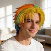 AShort Rainbow Colorful Wigs For Men Women Short Rainbow Cosplay Wig Hairnet+Colorful Wolftail Wigs With Bangs Adult Pride Day Outfit Lgbt Costume Layered Fluffy Wig For Halloween Cosplay Party - Rainbow - View 5