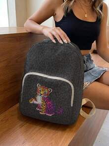 1PC Backpack, Women Mini Backpack, Corduroy Girl School Bag, Travel Storage Bag, Leopard‑Pattern Printed Design, Large‑Capacity Foldable Easy‑Storage Bag, Lightweight & Pressure‑Relieving, Multi‑Pocket Layered Design With Zipper Closure - Leopard Print 20446 - View 5