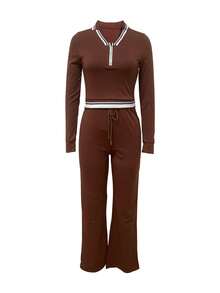Autumn/Winter Fashion Polo Collar Zip-Up Patchwork Ribbed Top & Elastic Straight Leg Casual Pants 2 Pieces Set - Coffee Brown - View 2