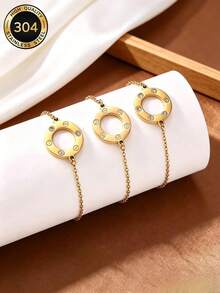 1pc Women's Fashion 18K Gold Plated Stainless Steel Roman Style Round Bracelet, Minimalist Geometric Zirconia Embellished Bangle, Versatile Accessory - Multicolor - View 2