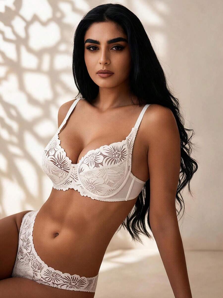 Temptuelle Women's Lace Patchwork Jacquard Wavy Underwire Supportive Push-Up Bra - White - View 1