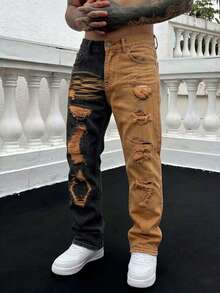 Men's Personalized Contrast Color Fashion Distressed Straight Leg Non-Stretch Denim Jeans - Orange - View 1