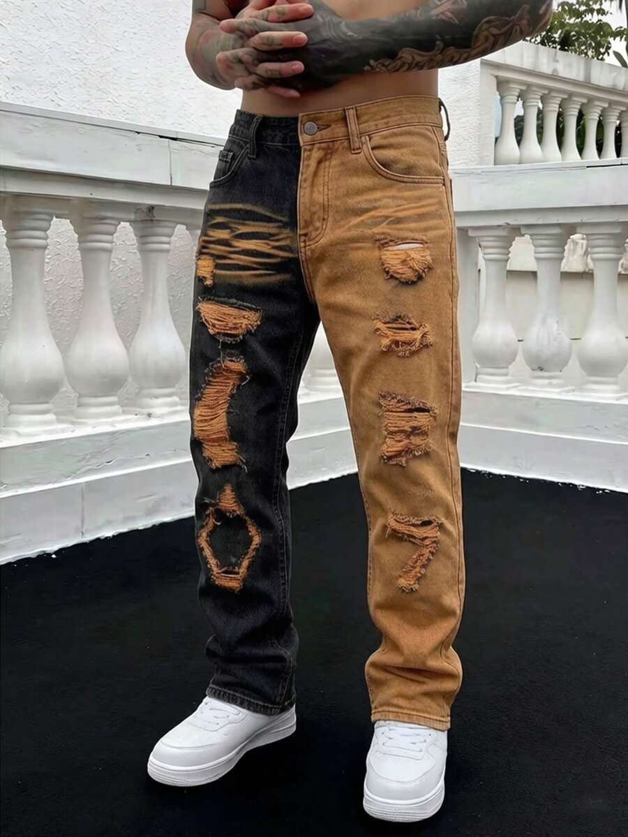 Men's Personalized Contrast Color Fashion Distressed Straight Leg Non-Stretch Denim Jeans - Orange - View 1