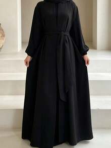 Open Front Abaya With Belt, Elastic Cuffs Modest Muslim Dress, Casual Dubai Style Islamic Clothing - Multicolor - View 19