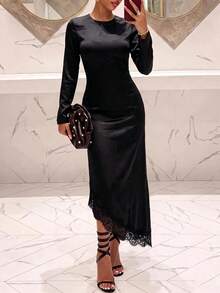 Elegant Black Round Neck Long Sleeve Slim Fit Mid-Length Dress With Asymmetrical Contrast Color Lace Hem - Black - View 3