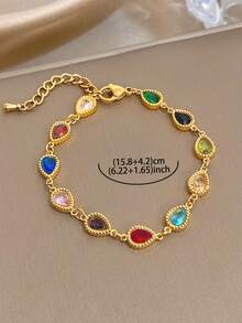 Women's Elegant Luxury Colorful Zirconia Chain Necklace & Bracelet Set, Stainless Steel Gold Chain Necklace, Party Birthday Christmas Jewelry Gift - Multi-color 2 - View 9