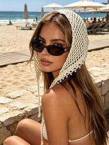 1pc Women's Handmade Hollow Triangle Scarf With Shells And Pearls, Beach Photography Headscarf Hat, Suitable For Daily Wear, Vacation, Bohemian Style - Headscarf - View 5