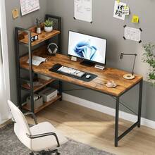 Schreibtisch mit 4-Tier Seitlichem Regal, 120 cm Breiter Computertisch mit Ablage, Stabil Bürotisch mit Metallgestell, Einfache Montage für Home Office - Bestickt Braun 140 x 56 x 120 cm - Übersicht 2