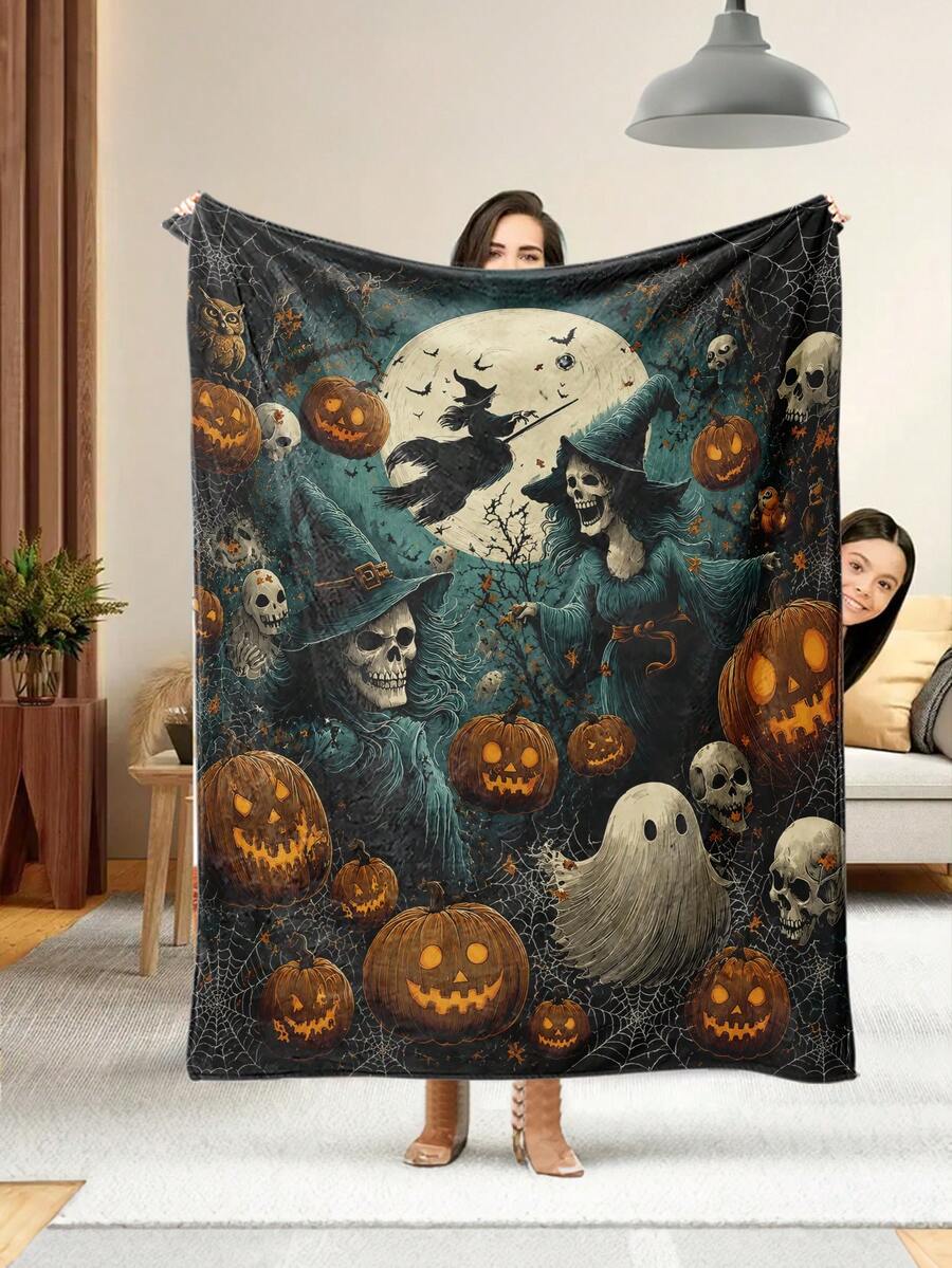 1pc Halloween Style Soft Comfortable Blanket, Multi-Purpose Throw For Sofa, Bed, Outdoor Camping, Leisure, Suitable For Home, Picnic, Travel, All Seasons, 280gsm Polyester, Machine Washable - Multicolor - View 1