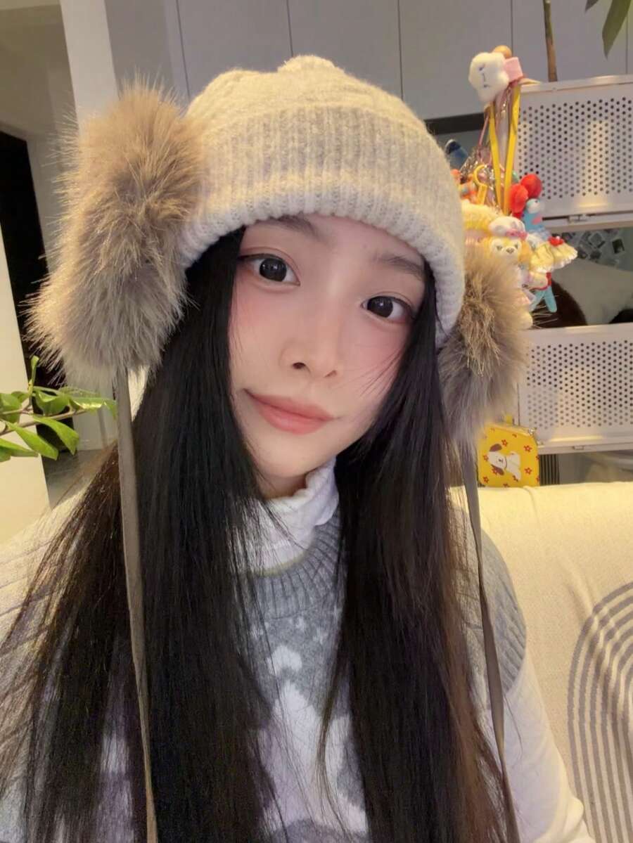 女款多功能保暖針織帽,冬季保暖內裡毛球護耳帽,顯臉小大版針織帽 - A - 查看 1