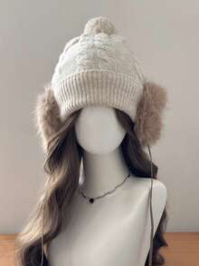 Versatile Warm Knitted Hat For Women, Winter Thermal Lined Pom Pom Earflap Hat, Face-Slimming Oversized Beanie - A - View 7