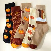 5 Pairs Autumn Pumpkin Maple Leaf Squirrel Print Mid-Calf Cotton Socks, Vintage Caramel Color Palette, Halloween Vibe Slouch Socks, Versatile Women's Socks - Multicolor - View 5