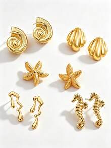 1 Set (2 Pairs/5 Pairs) Stainless Steel Shell & Starfish Shaped Beach Style Earrings, Suitable For Women To Wear At Parties Or Beach Vacations, Also As A Holiday Gift For Her - Gold - View 11