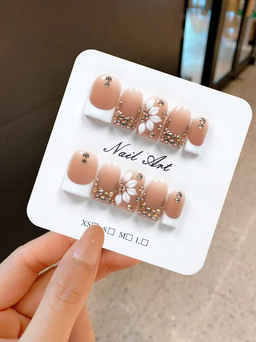 YINZIJIA 10 Pieces, Handmade, French Floral Gradient, Subtle Differences=Unique Handmade Short Square Pure Handmade Nail Board Set, Suitable For Girls And Women To Wear On Daily Holidays, Including 1 Nail File And 1 Piece Of Jelly Glue - Multicolor - View 1