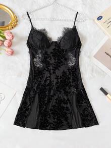 Camisón de mujer con pecho hueco y cordones, tela suave con efecto 3D quemado y patchwork de malla de encaje, vestido de dormir sexy sin espalda para múltiples ocasiones - Negro - Ver 6
