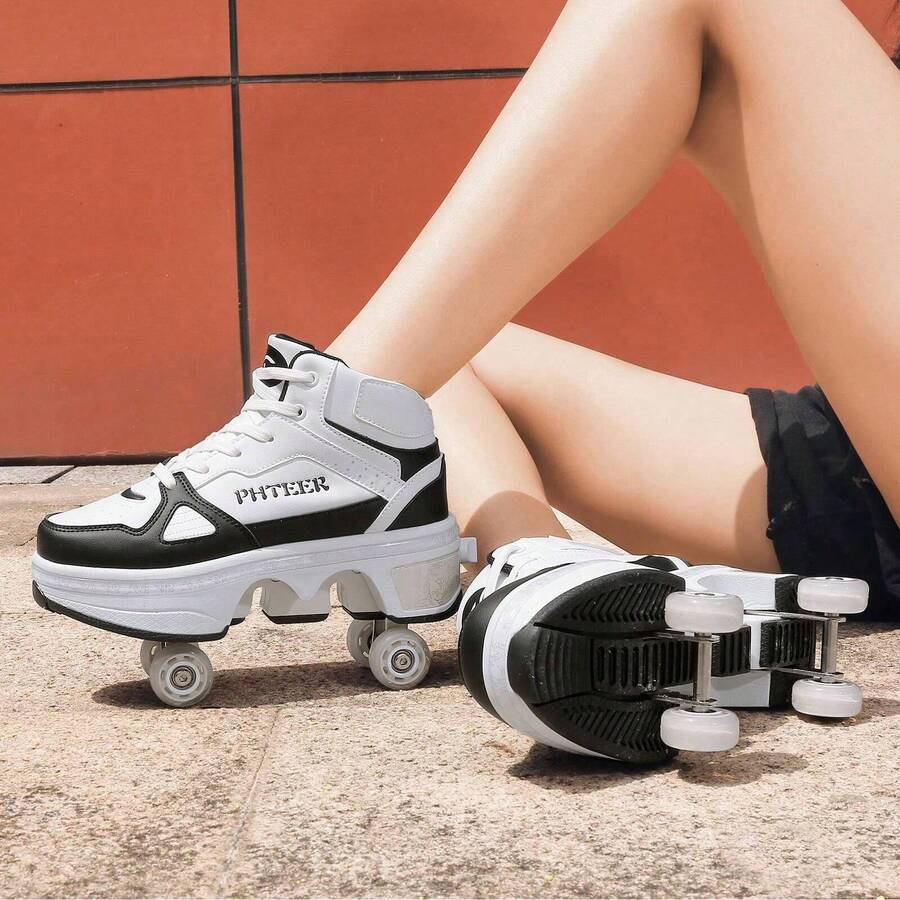 Unisex 4-Wheel Transformable Roller Shoes, Skates With Wheels For Walking And Inline Skating - Black - View 1