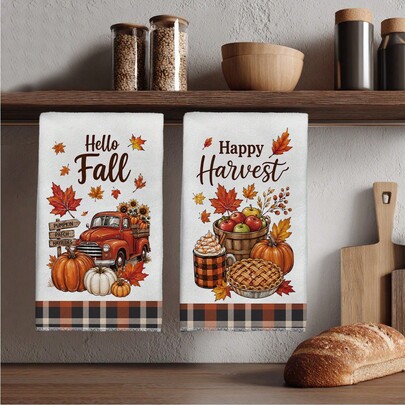 2 Pcs Autumn Vintage Red Truck Harvest Food Print Kitchen Towels Dish Cloths, Microfiber Polyester Material Hello Fall Pumpkin Maple Leaf Apple Pie Happy Harvest Autumn Holiday Home Decor Hand Towels Thanksgiving Home Fabric Hanging Towels Home Decor, Kitchen Decor, Fall Decor Suitable For Restaurant Kitchen Home Decor And Gift Giving 40*60cm/45*70cm