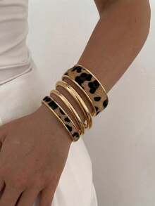 4pcs/Set Faux Leopard Print Bangle Bracelets, Minimalist Women's Stackable Wide Cuff Bracelets, Exaggerated Fashion Niche Design Jewelry Accessories For Party, Gift, Daily Wear - Multicolor - View 2