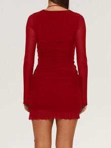 Women's Ruched Heart-Shaped Cutout Long Sleeve Fitted Mini Mesh Party Dress Birthday Short Dress Elegant - Cherry Red - View 2