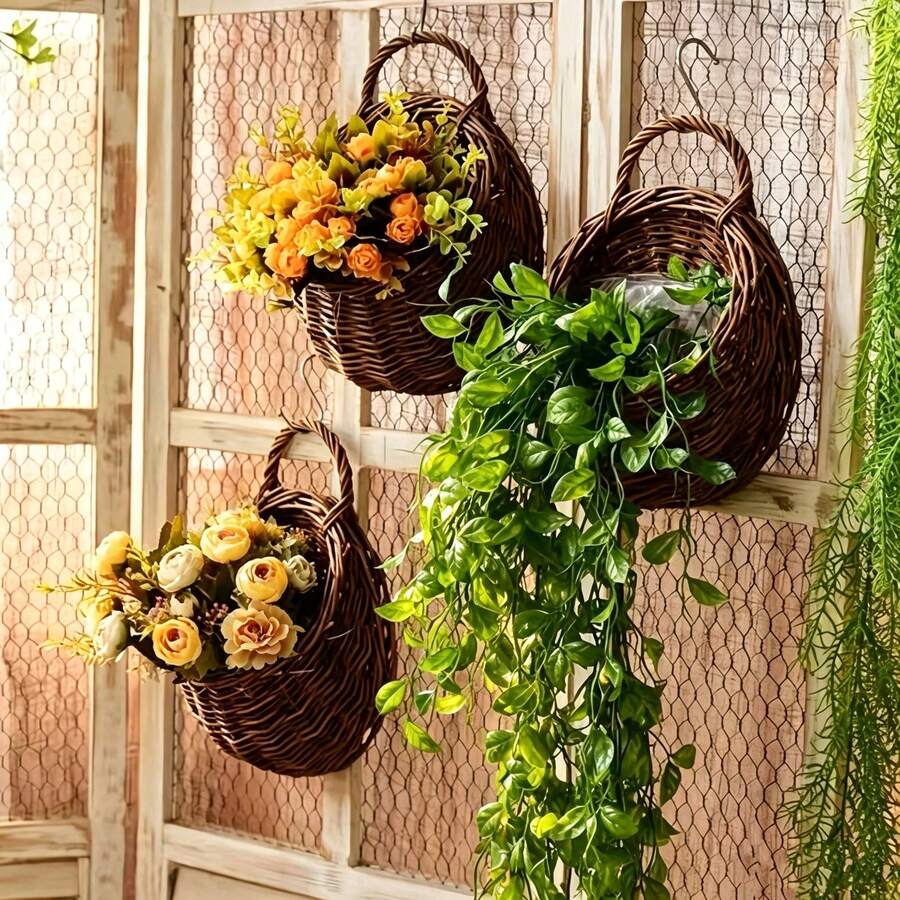 Rustic Woven Rattan-Style Hanging Wall Planter Basket, Handcrafted Wall-Mounted Flower Pot For Yard, Balcony, Garden, Vintage Pastoral Atmosphere, Woven Wall Hanging Flower Vessel, Easily Create A Healing Pastoral Corner