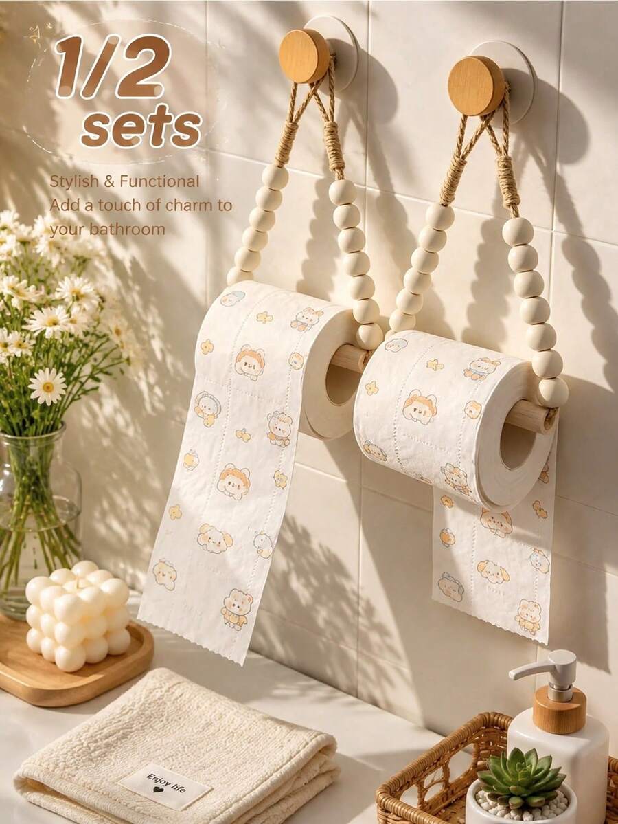 1pc No-Drill Wall-Mounted Rope Woven Toilet Paper Holder, Kitchen Wall-Mounted Paper Towel Rack With Hook, Modern Home Fashion Bathroom Accessory, Woven Toilet Paper Holder, Rope Hanging Paper Towel Roll, Vintage Natural Unique Bathroom Accessory