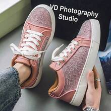 Sepatu Sneakers Pria dan Wanita Model Low Top Bertali dengan Hiasan Berlian Imitasi dan Patchwork, Sol Tebal, Sepatu Kasual Cocok untuk Perjalanan Sehari-hari, Gaya Jalanan, dan Jalan-jalan Akhir Pekan - Berwarna merah muda - View 5