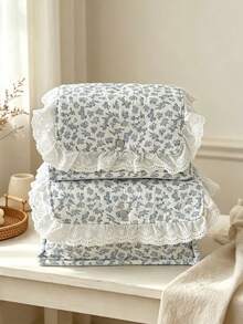 Korean Floral Quilted Storage Basket With Lace Ruffle, Snap Button Flip Cover Fabric Organizer Bin, Multi Functional Storage Bag For Bedroom Travel - Baby Blue - View 5