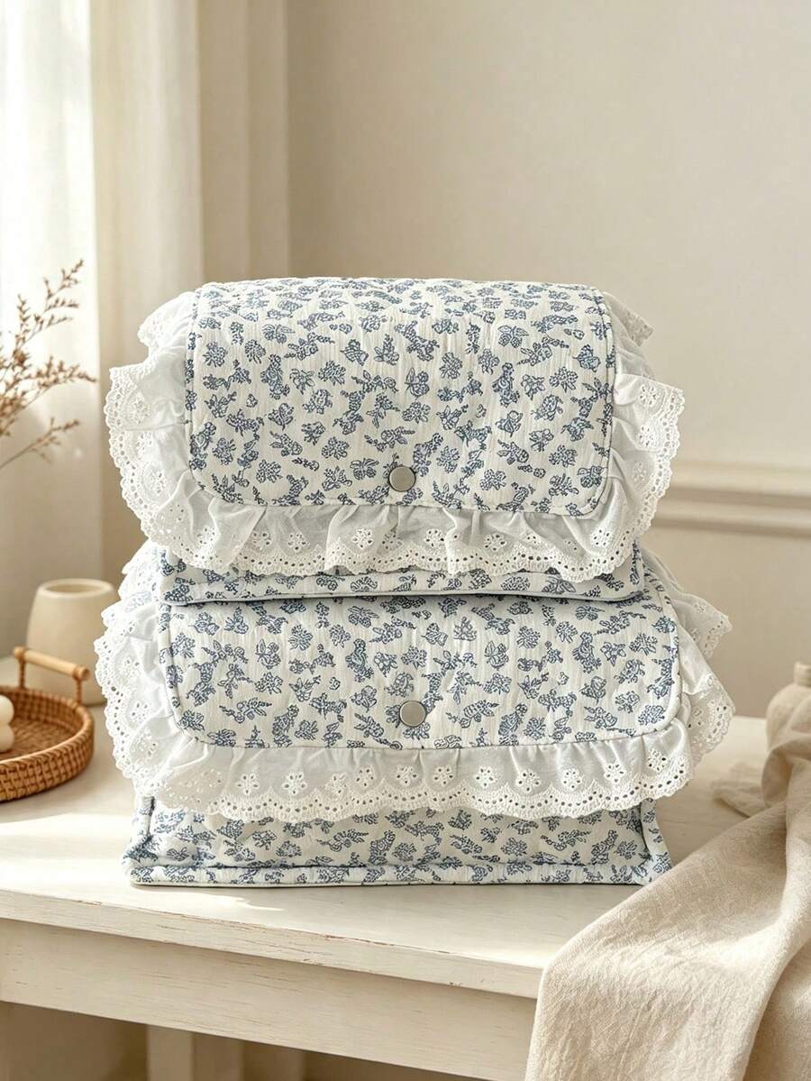 Korean Floral Quilted Storage Basket With Lace Ruffle, Snap Button Flip Cover Fabric Organizer Bin, Multi Functional Storage Bag For Bedroom Travel - Baby Blue - View 1