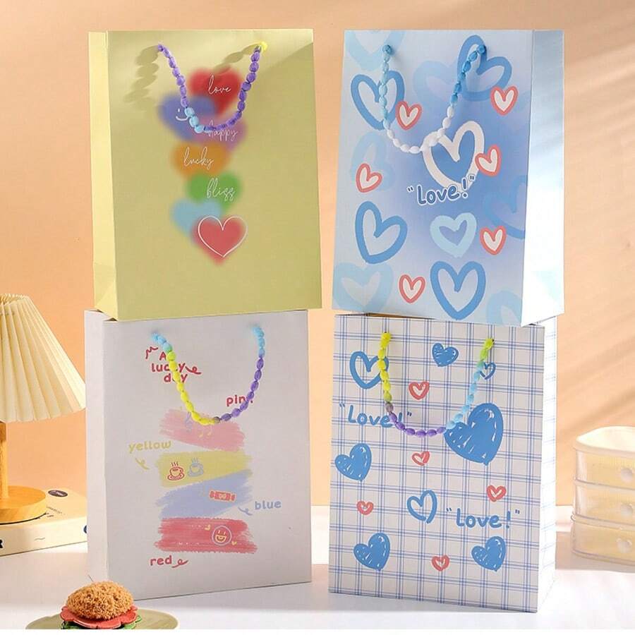 4Pcs Heart Pattern Paper Gift Bags, Colorful Bead Handle Shopping Tote Bags, Reusable Party Favor Present Packaging Bags - View 1