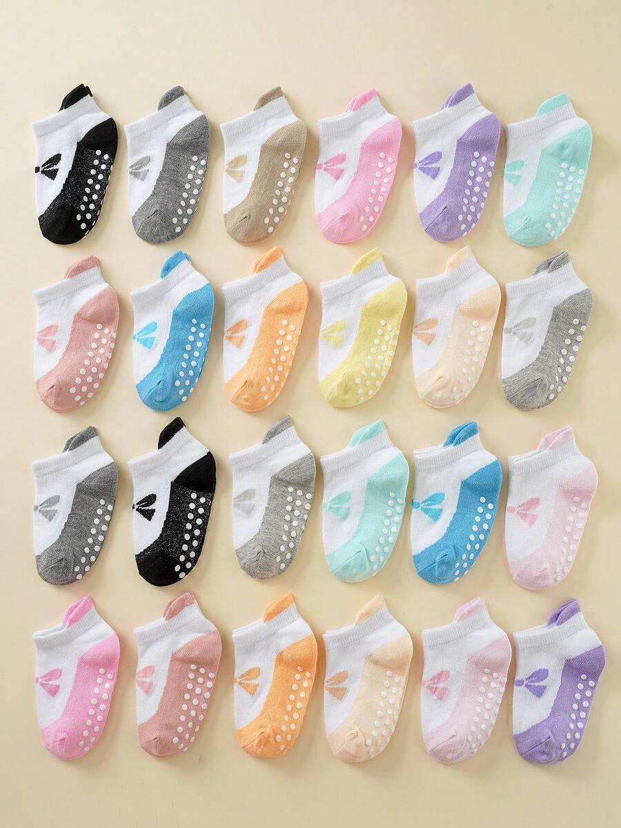 12 Pairs Random Bow Pattern Anti-Slip Floor Socks For Girls 1-12 Years Old, Dotted Grip Socks
