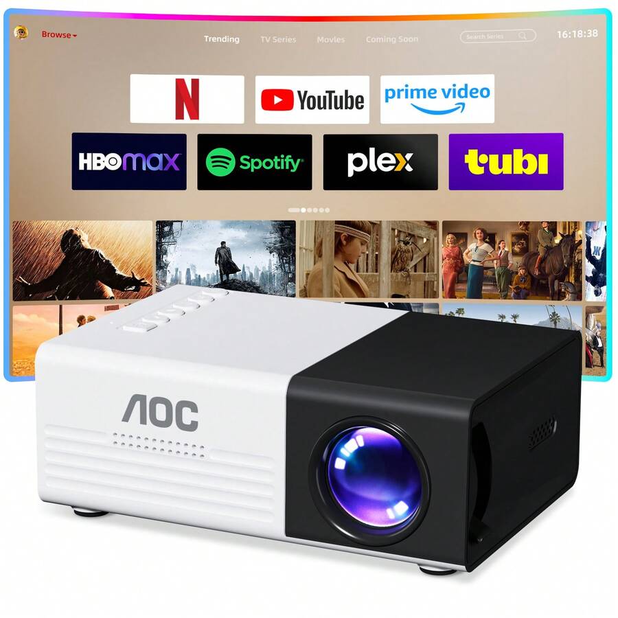 AOC Phone Screen Mirroring Projector | Native 240P & 1080P Decoding | Simple Wired Connection Mini Cinema, Suitable For Smartphone Cartoon And Leisure Movie Watching, No HDMI Cable - Video Projector - View 1