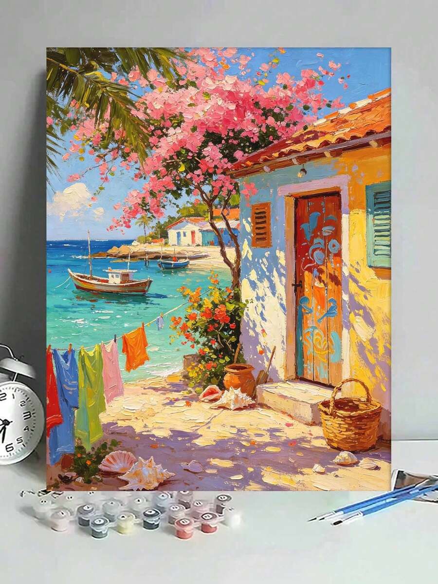 1pc Fishing Village DIY Digital Oil Painting, Canvas Art Painting For Adult Beginners, Wall Decor Home Decor, Holiday Gifts.
