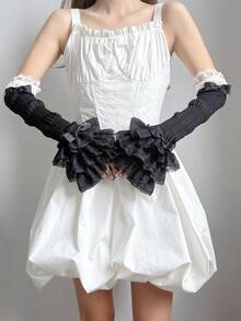 1 Pair Girls Lace Trim Patchwork Arm Sleeves, Ballet Style White & Black Sleeve Covers, Sweet Cute Lolita Bowknot Arm Warmers - Multicolor - View 13