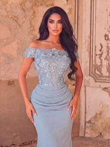 Elegant Women's Off-Shoulder Long Chiffon Dress, Decorated With Floral Sequins Party Wedding Fall - Baby Blue - View 3