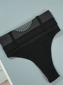 Women's High Waist Thong - Tummy Control - Solid Color, Suitable For Daily Wear, Seamless Fabric, Smooth Texture - Black - View 8